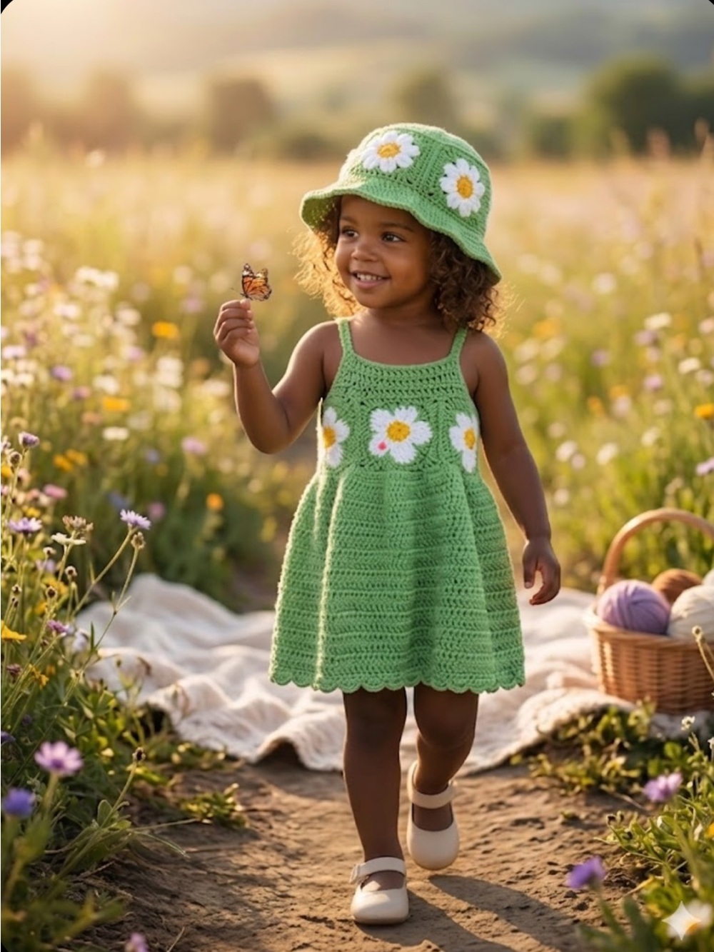 Green Crochet Daisy Dress & Hat Set